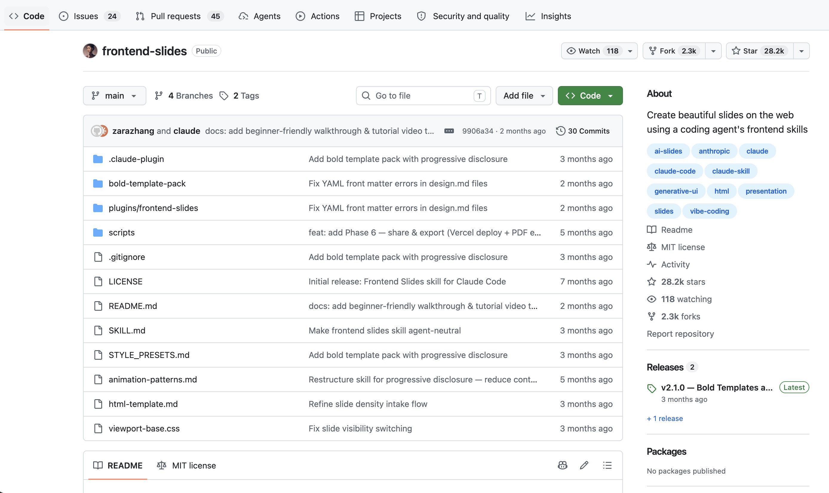 frontend-slides GitHub 頁面截圖